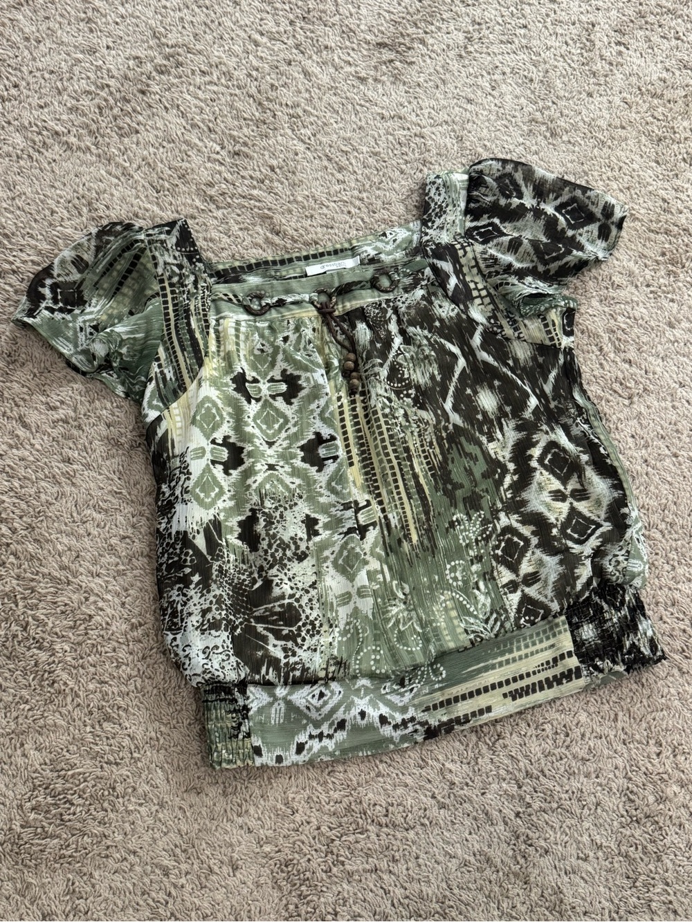 Dress Barn Olive Green and Black Printed Short-Sleeve Blouse